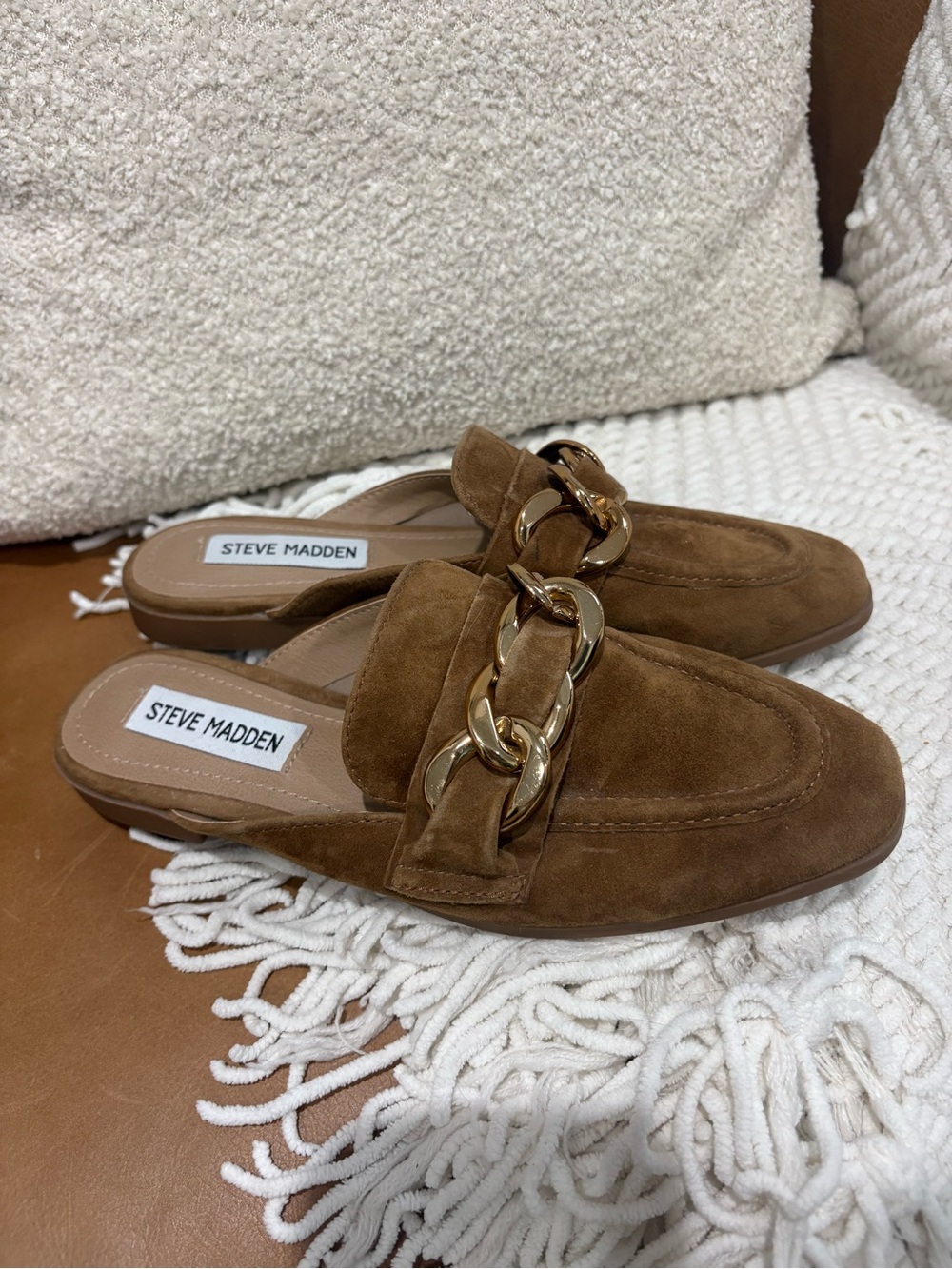 Steve Madden Brown Suede Chain-Trim Mules